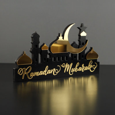 Ramadan Mubarak Decor | Premium Islamic Tabletop Ornament With Crescent Moon & Mosque Silhouette