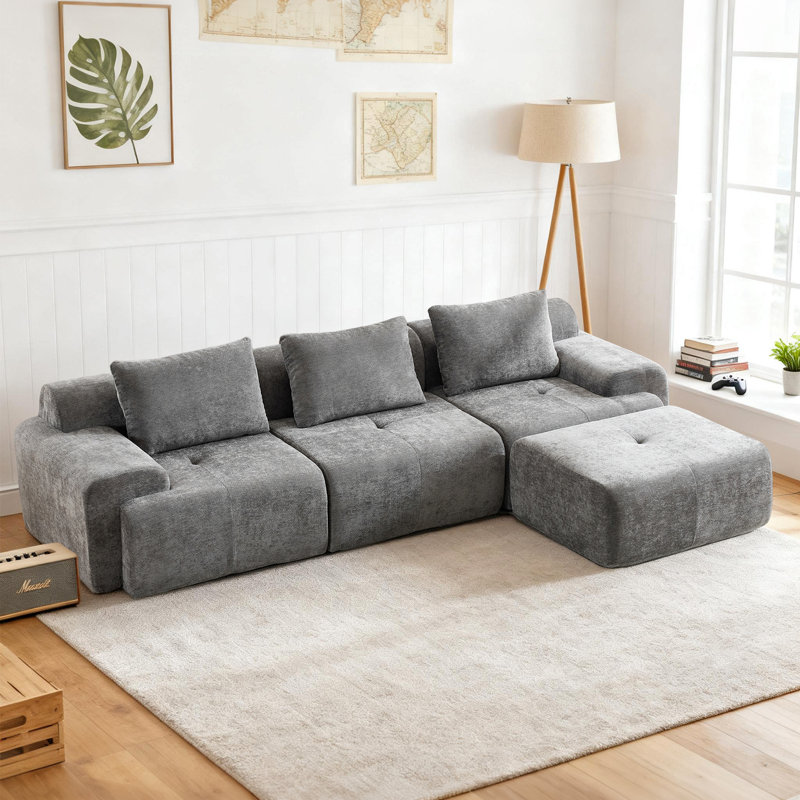 Canapé modulaire surdimensionné en forme de U 120,5 po avec 1 repose-pieds, revêtement en chenille et sièges profonds, sans assemblage requis, gris