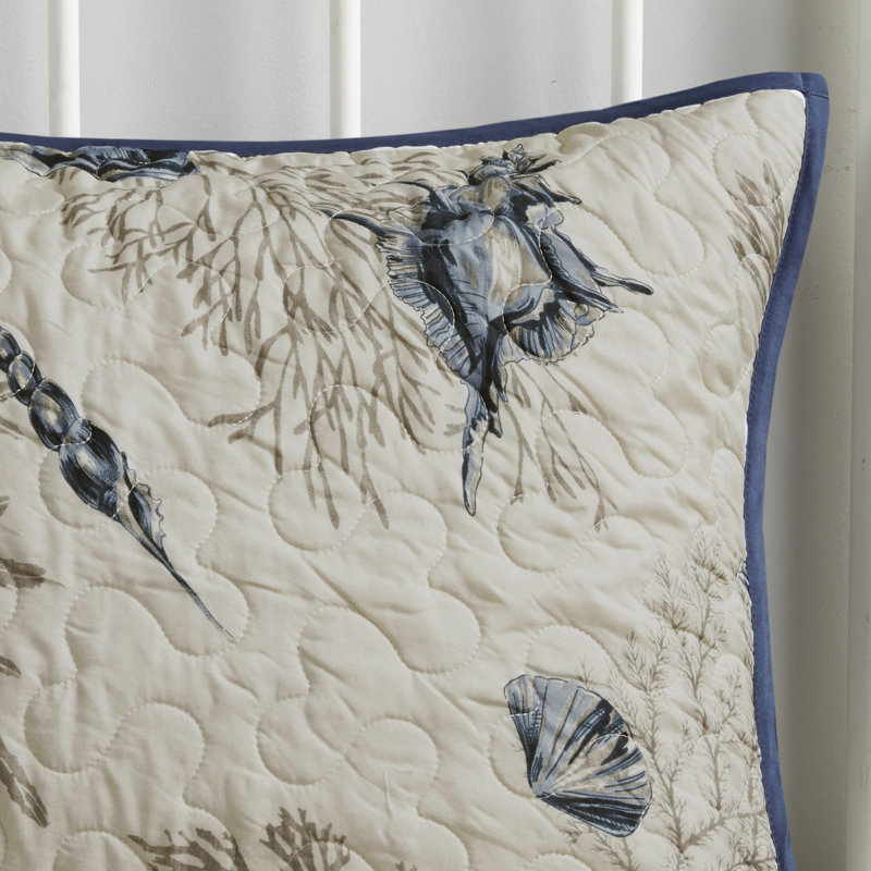 Courtepointe en microfibre, bleue, avec détails et 2 taies décoratives, double / grand avec imprimé taupe corail
