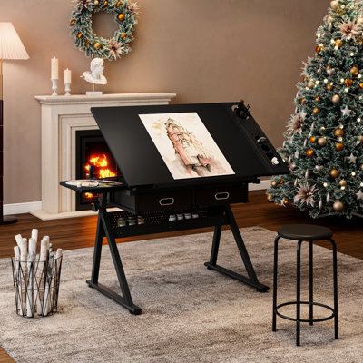 Adjustable Drawing Drafting Table With 2 Drawers For Home Office And , Desktop Tilts 0 To 75, Tabletop, Metal Storage Strips, Legs Uneven Ground, Come