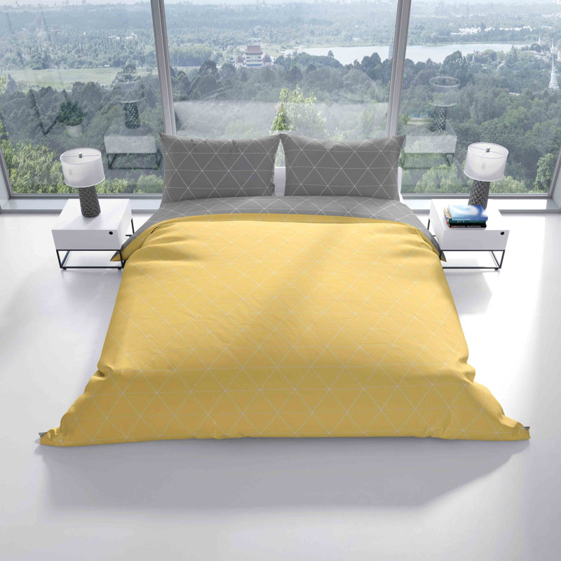 Denice Renforcé Bed Linen, Yellow/Grey, 135 x 200cm Duvet Cover + 1 Pillowcase