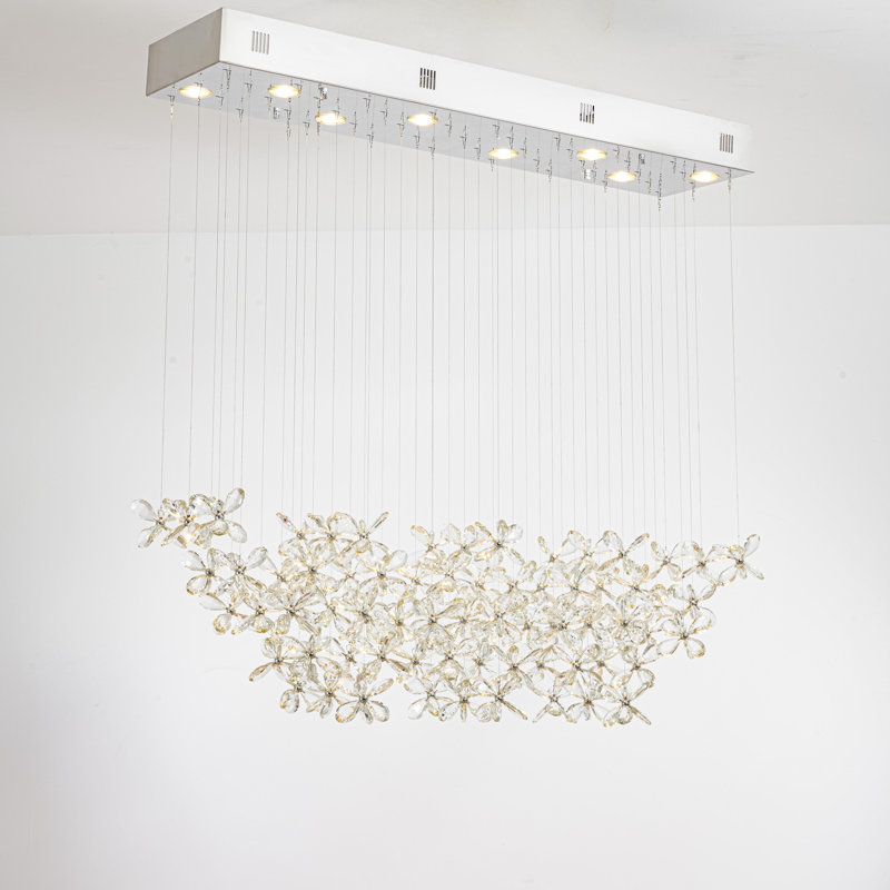 Lustre linéaire en cristal 8 lumières avec acier inoxydable chromé et fleurs de cristal transparent