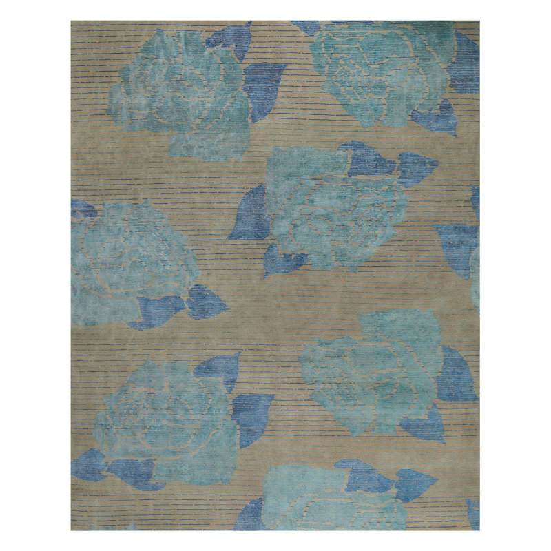 Lux Rose Floral Area Rug in Blue/Taupe, Rectangle 6' x 9'