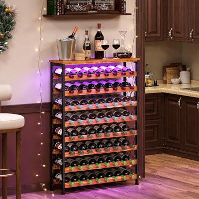 Freestanding Wooden Wine Rack with LED Light, Wine Bottle Storage Shelf, Tall Wine Display Stand for Kitchen & Bar