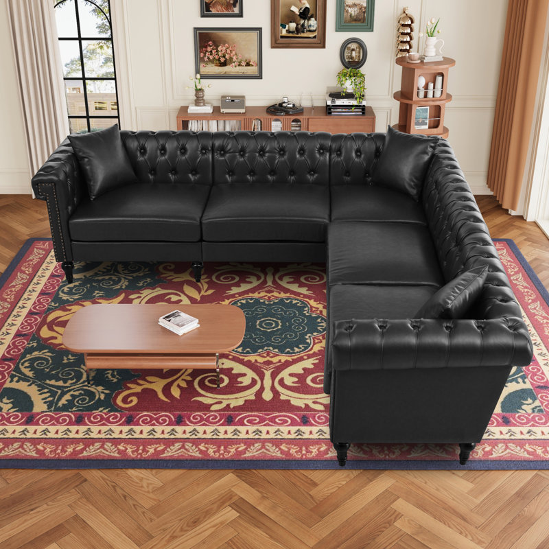 Canapé modulaire, canapé Chesterfield réversible en forme de L avec accoudoirs roulés et têtes de clou, Noir