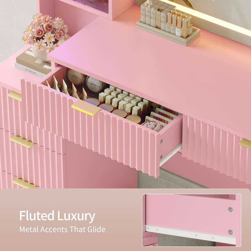 Coiffeuse cannelée avec miroir lumineux, station de recharge, lumières DEL synchronisées au son, meubles en bois, armoires vitrées luxueuses, 8 tiroirs, grande coiffeuse rose pour filles et femmes