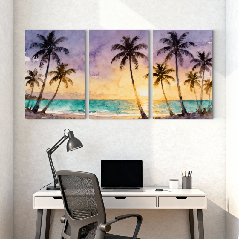 Palmiers, coucher de soleil tropical, palmiers, plage, océan, ciel, ensemble de 3 impressions sur toile, H 18 po x l 36 po