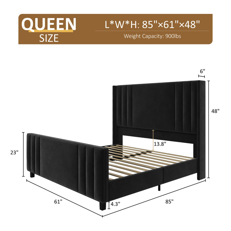 Queen Black Velvet Upholstered Platform Bed with Tufted Headboard