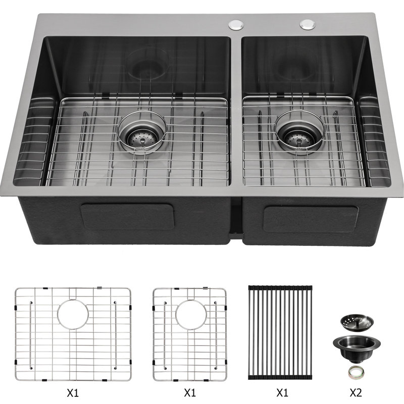 Gunmetal Black 33" Double Bowl Drop In Kitchen Sink 16 Gauge 60/40 Split, 10" Deep, Hand - Made With Rear 3.5 Drain, X Grooves, 3Mm Sound Proof Lining, Treatment, Package Accessories 33"X22"