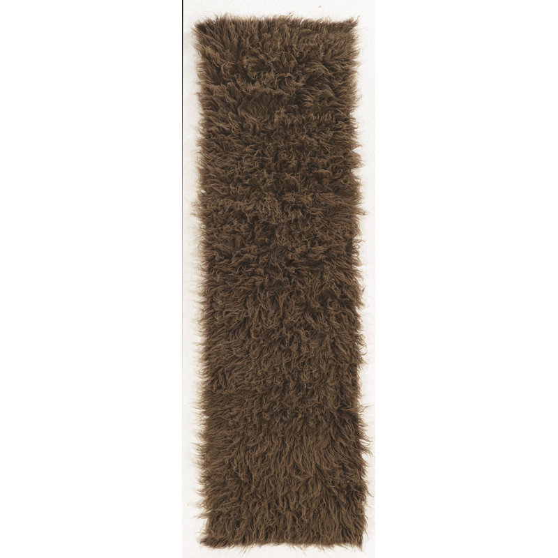 Alamin Handmade Flokati Wool Dark Brown Area Rug, Runner 2'4" x 8'6"