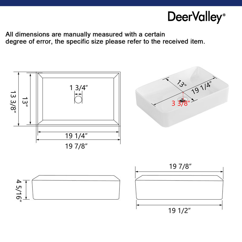 DeerValley 505mm x 340mm Ceramic Rectangular Countertop Basin Bathroom Sink, White
