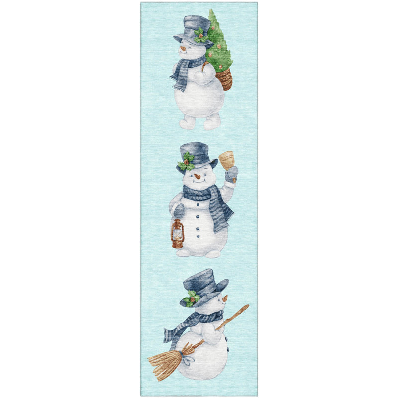 Premium Machine Washable Ingrassellino AMF1826 Happy Snowmen Holiday Rug, Runner 2'3" x 7'6"