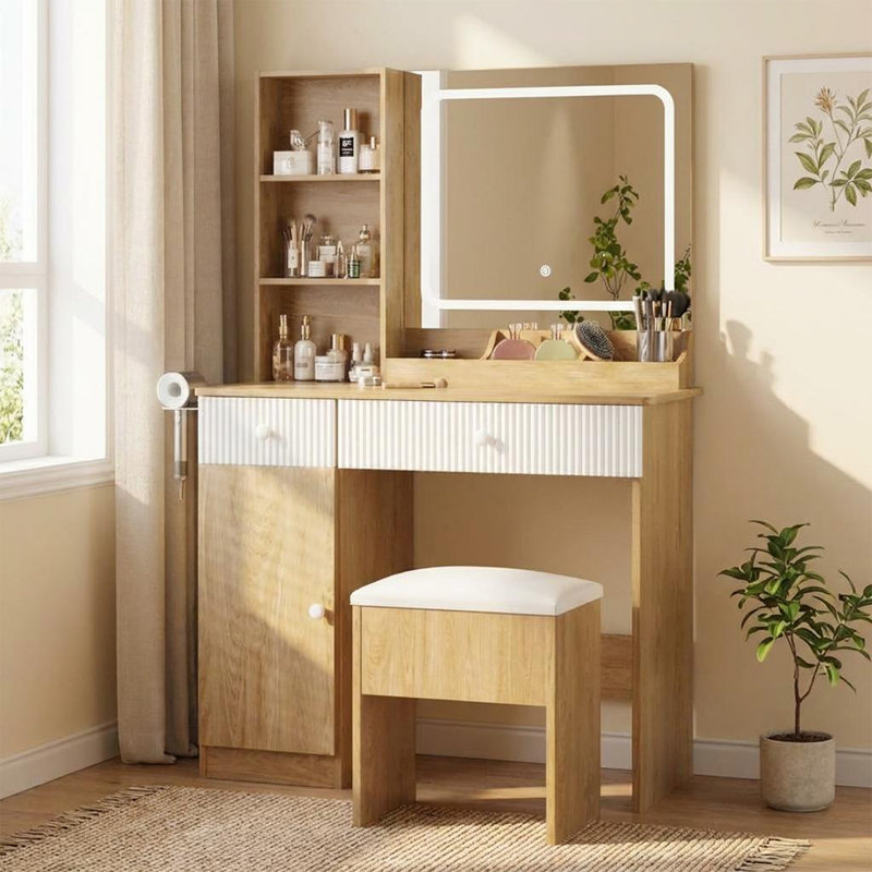 Vanity Desk with Mirror and Lights and Charging Station, Compact Makeup Vanity Set with Storage Chair for Bedroom, Beige