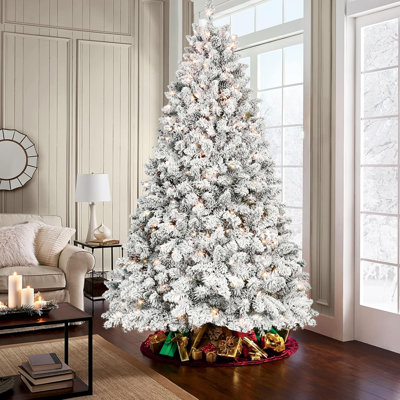 6Ft Prelit Snow Flocked Christmas Tree With 350 Warm White LED Lights, Artificial Holiday Xmas Tree With Pine Cones, 888 PVC Tips, Easy Assemble With Metal Stand And Hinged Branches