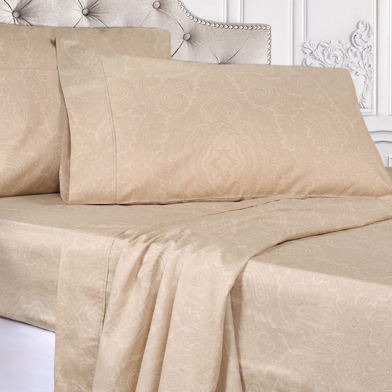 Ensemble de draps en coton mélangé à ourlet brodé 600 fils imperia, Sable, Ensemble de draps pour lit simple avec 1 taie d'or