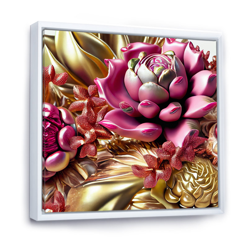 Exquise rose et roses glamour dorées, H 36 po x l 36 po x P 1,5 po, Cadre flottant blanc