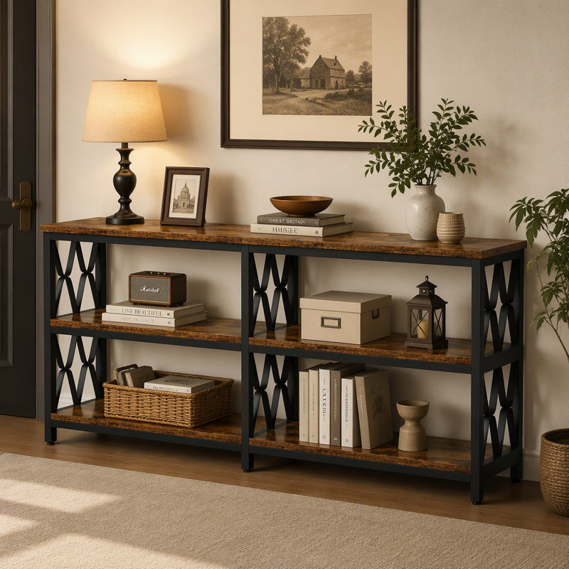 Console industrielle 70,9 "à 3 niveaux, canapé et table d'entrée avec tablettes de rangement