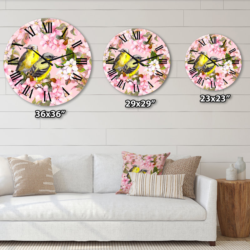 Horloge murale traditionnelle cerisier sakura et pomme avec oiseaux I, Moyenne, Rose