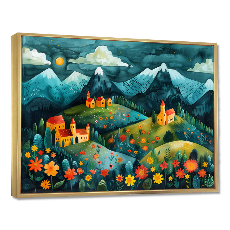 «Blue Red Summer Mountain Village Dream», reproduction d'art mural de ferme, Cadre flottant doré, H 16 po x l 32 po