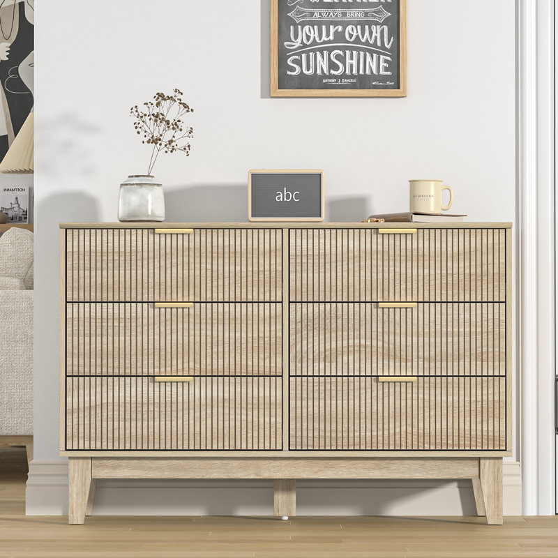 6 - Drawer Dresser Fluted Design, Wood Wide Chest of Drawers