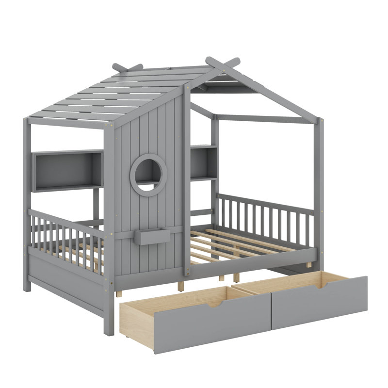Lit en bois avec tiroirs, Lit simple, Gris