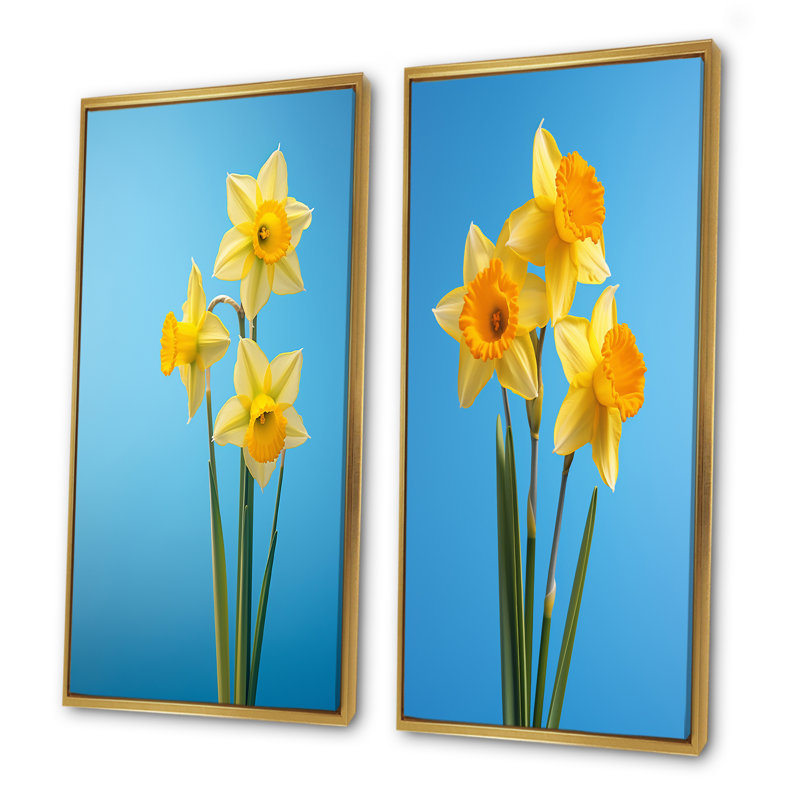 Jonquilles jaunes et vertes - ensemble de 2 jonquilles murales, Encadrement doré, H 28 po x l 25 po
