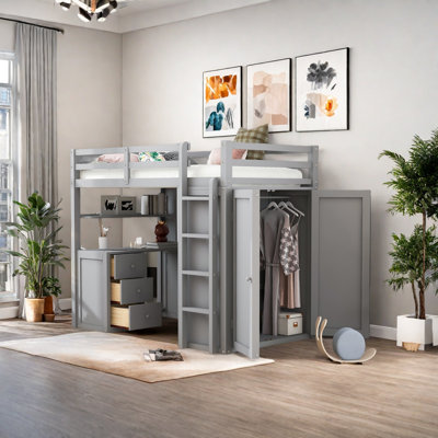 Lit mezzanine simple avec tiroirs, bureau et garde-robe