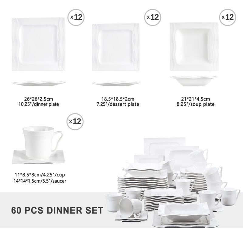 60 Piece Porcelain China Dinnerware Set, Service for 12 