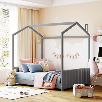 Lit double en velours avec maisonnette de jeu et espace semi-fermé pour les enfants, structure en pin robuste, aucun sommier requis