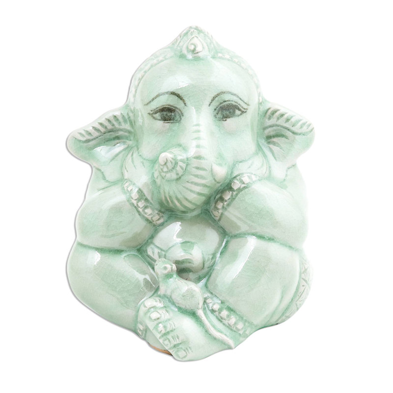 Ganesha And The Mouse Celadon Ceramic Figurine