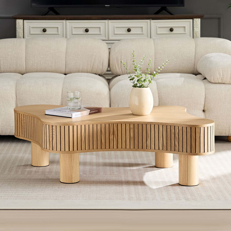 Table basse cylindrique moderne en bois de 42,52 pouces fabriquée à la main de forme irrégulière pour le salon, petite table basse avec piédestal robuste