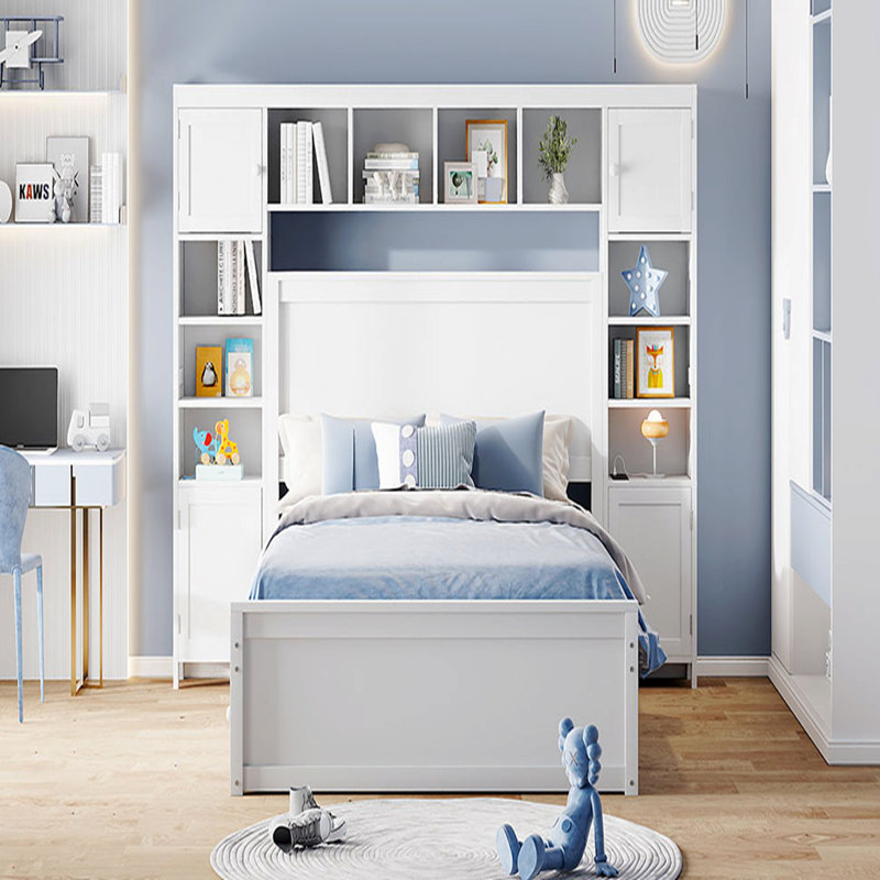 Lit double en bois avec armoire tout-en-un, tablette et prises, lit gigogne simple