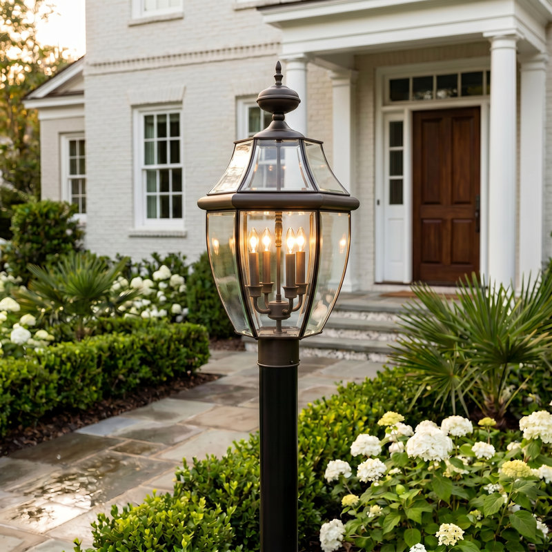 Newbury 4-Light Medici Bronze Outdoor Post Lantern, Medici Bronze