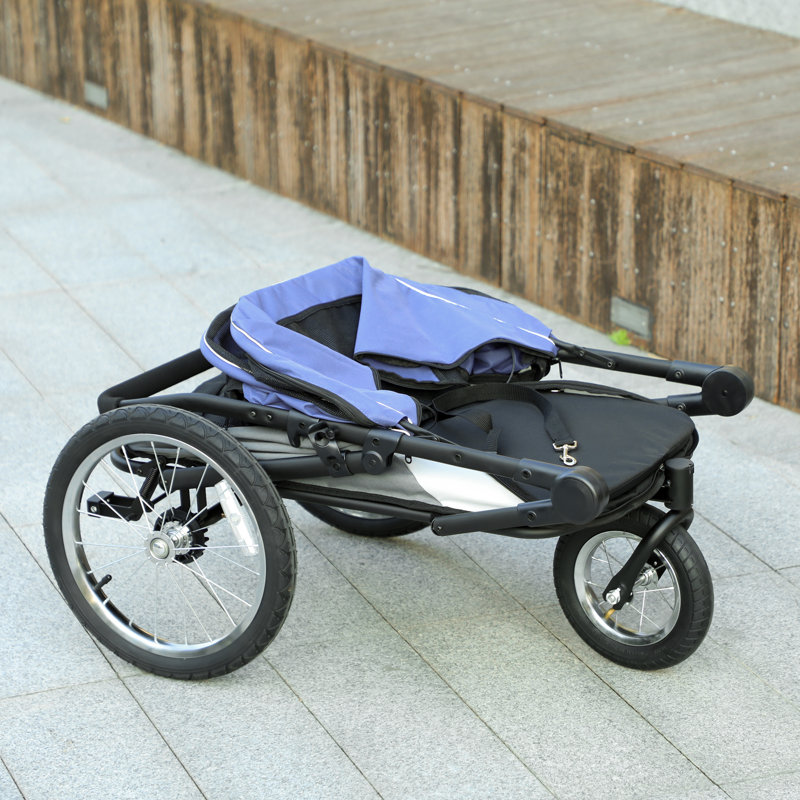 Poussette pour chien, poussette pour animal de compagnie à 3 roues avec pli à une main, roues en caoutchouc, sac de rangement, coussin souple, laisse de sécurité, pour chiens S & M, bleu