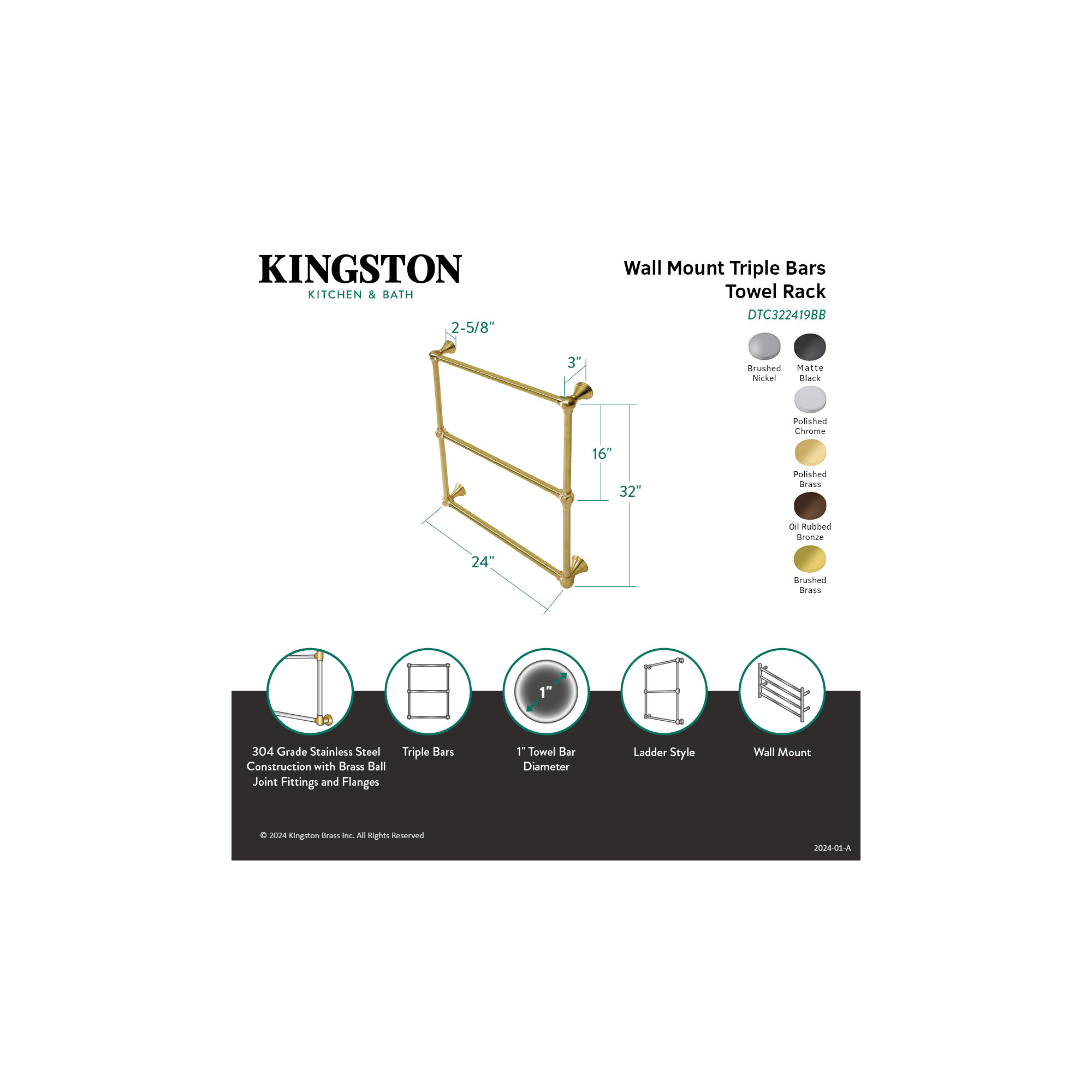 Kingston Brass Maximilien 24-Inch Wall Mount 3-Bar Towel Rack, Oil Rubbed Bronze