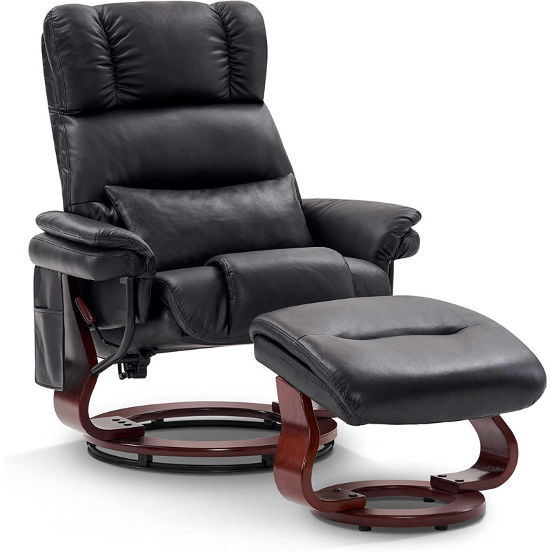 Swivel Recliners with Ottoman, Reclining TV Chairs with Vibration, Faux Leather Lounge Chair, Black Faux Leather