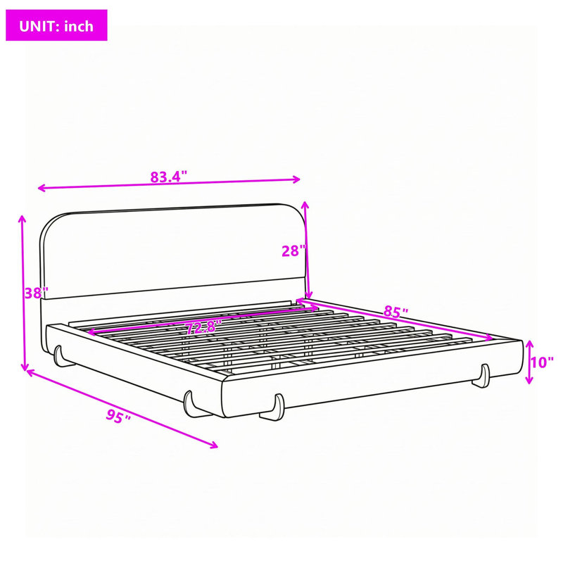 Lit plateforme recouvert de tissu avec pieds et tête de lit en bois d'hévéa, CaliforniaKing