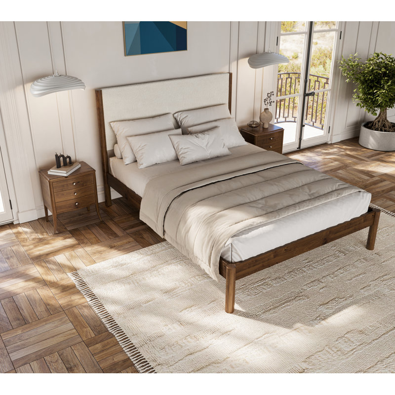 Ardin Solid Wood Bed Frame With Cream Boucle Upholstered Headboard, Queen, Walnut