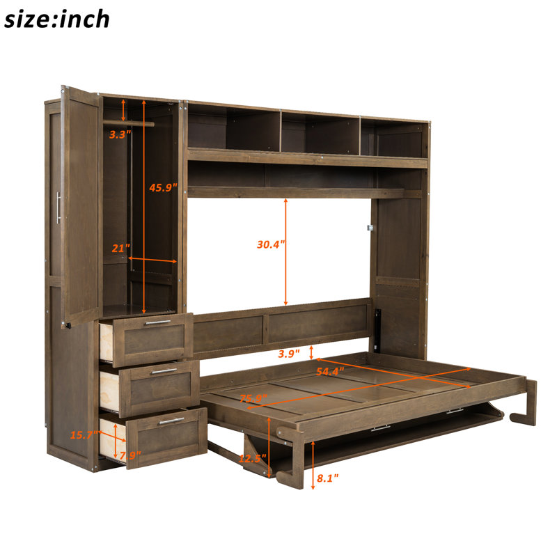 Lit double avec garde-robe, tiroirs et tablettes ouvertes en bois antique - Économiseur d'espace et espaces de rangement fonctionnels optimisés