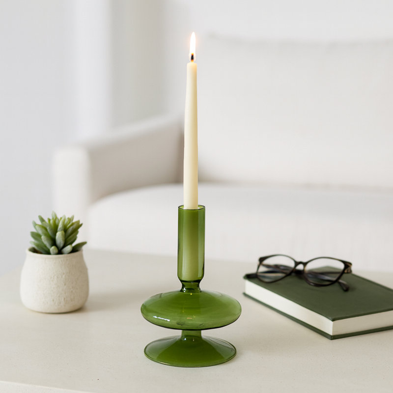 Sculptural 5" Glass Candle Holder - Modern Tabletop Candle Holder with Rounded Accent Base, Green