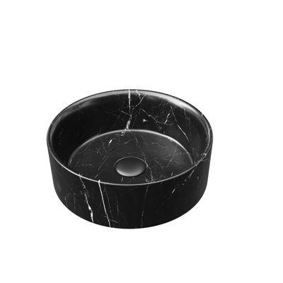 14'' Round Ceramic Sink For Bathroom, Stone Pattern, Matte Black Finish, Atmospheric With Hazy Gray Veined Textures, Long - Term Use, 13.87 In Depth, 15.55 Lb Weight Bathroom Sink, Black, Veined,