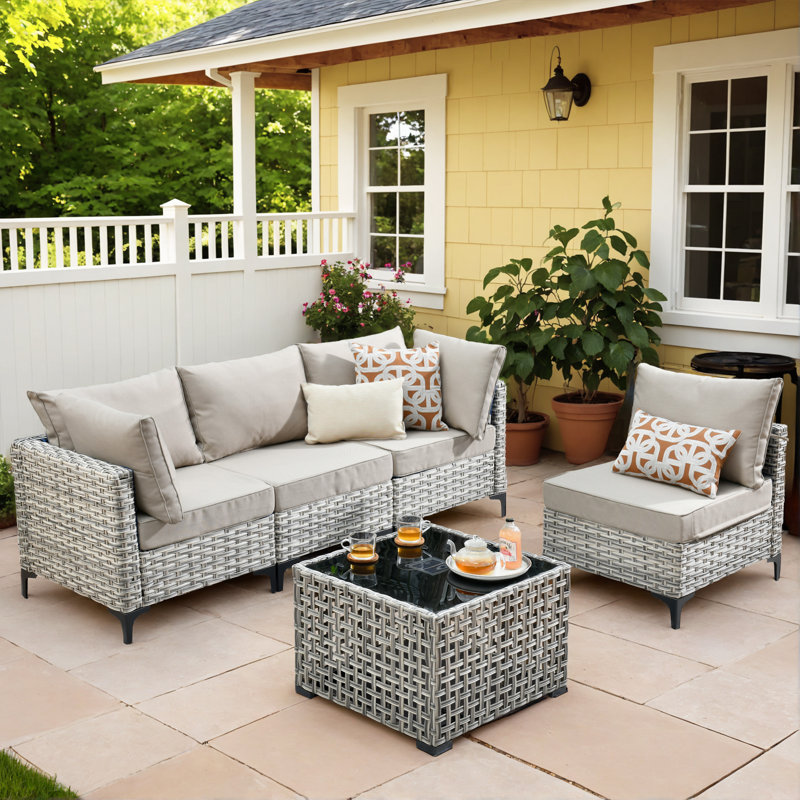 High Density Pe Rattan Woven Outdoor Sofa 5-piece Set With Luminous Coffee Table, Beige