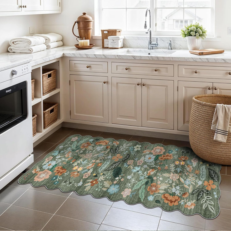 Floral Scalloped Kitchen Rug Non Slip, 2' x 5'