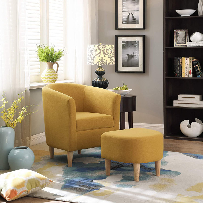 Upholstered 27" Wide Barrel Chair with Ottoman, Yellow Linen Blend
