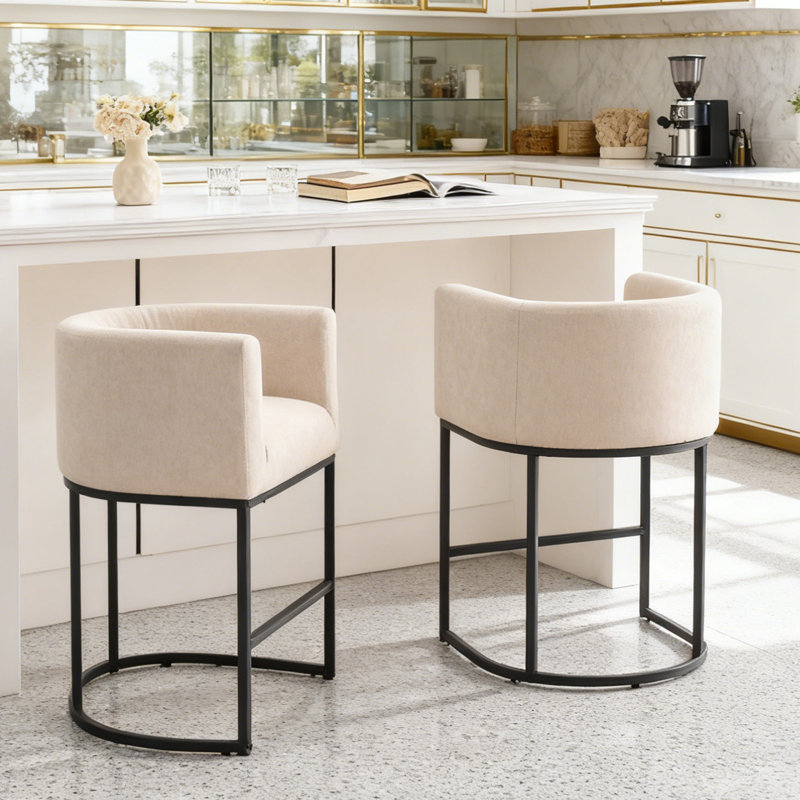 26" Upholstered Counter Height Bar Stool, Black, Linen/Black Frame