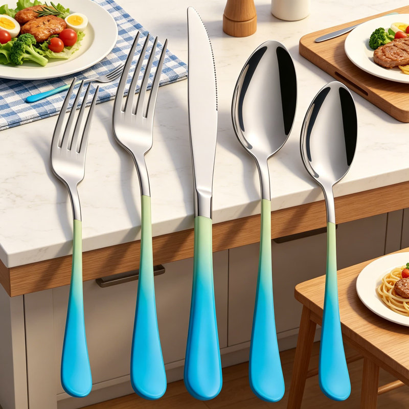 Ensemble de couverts 20 pièces en acier inoxydable jaune et bleu, ensemble de couverts à poignée colorée 18/0 pour 4, ensemble de couverts modernes polis miroir avec couteaux de table, fourchettes, cuillères, va au lave-vaisselle