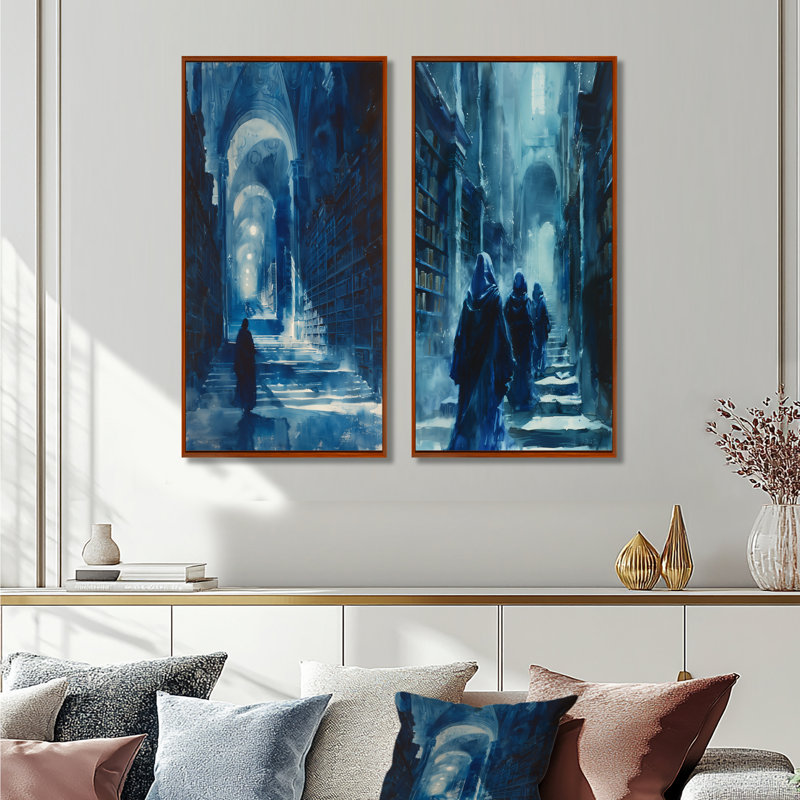 «Blue Wizards Library Keepers I - Wizards Wall Art», ensemble de 2 pièces, Brun, H 28 po x l 24 po, Impression encadrée