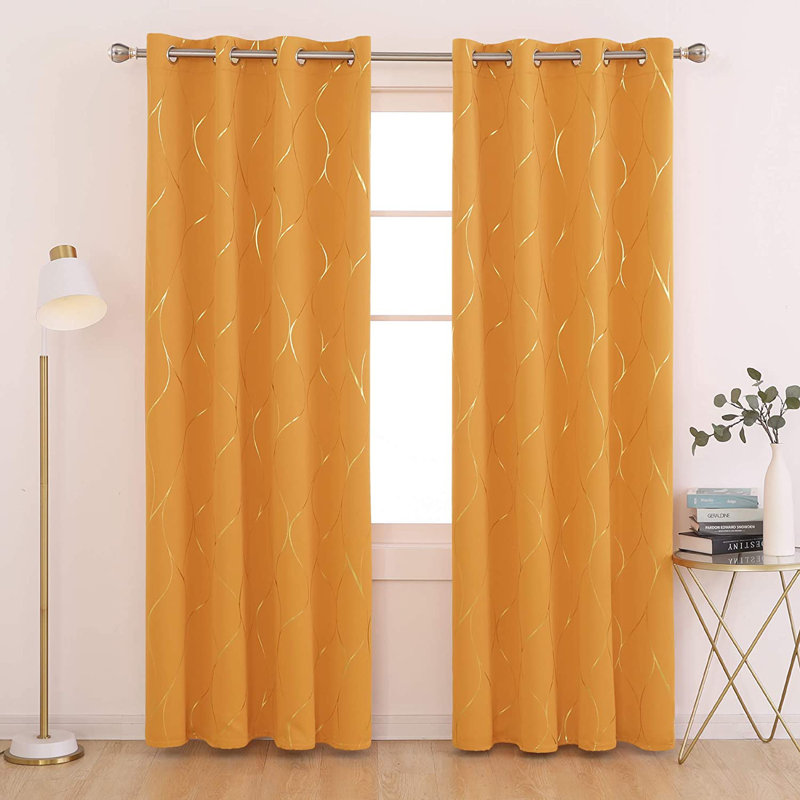 Grayish White-Gold Wave Blackout Grommet Curtains, 52x84 Inch, 2 Panels