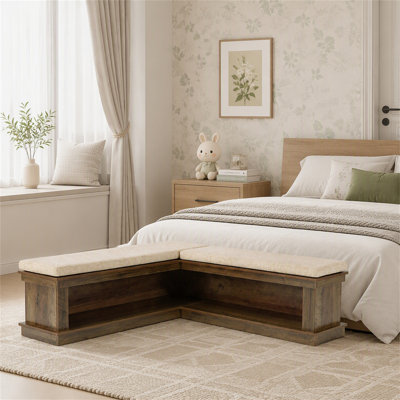 Banc de rangement en L avec coussin, banc de rangement pour chaussures 63 "avec tablettes ouvertes