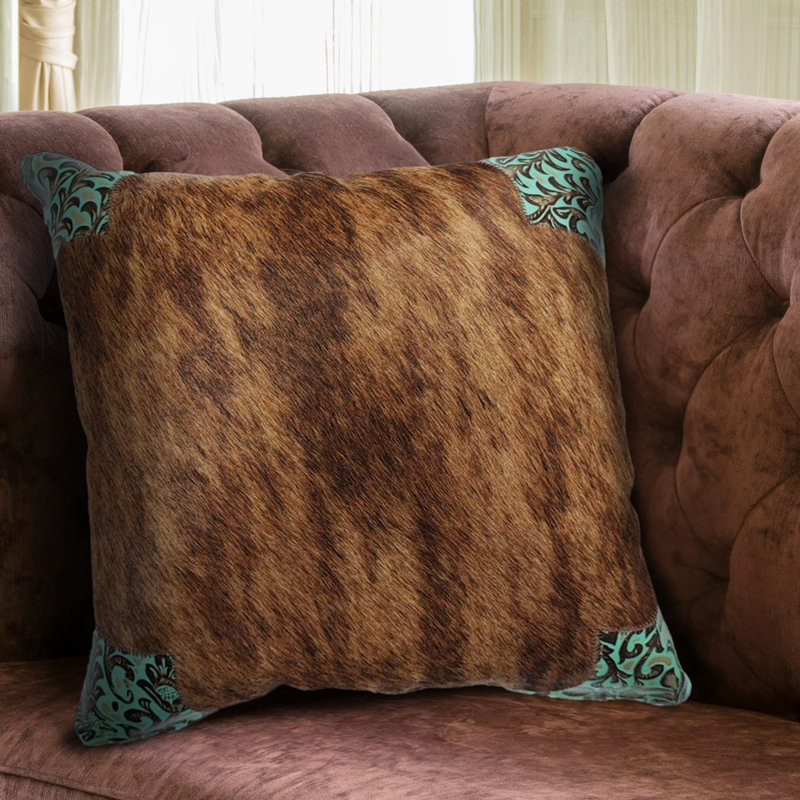Housse de coussin en cuir de vache et cuir, H 16 po x l 16 po, Carré